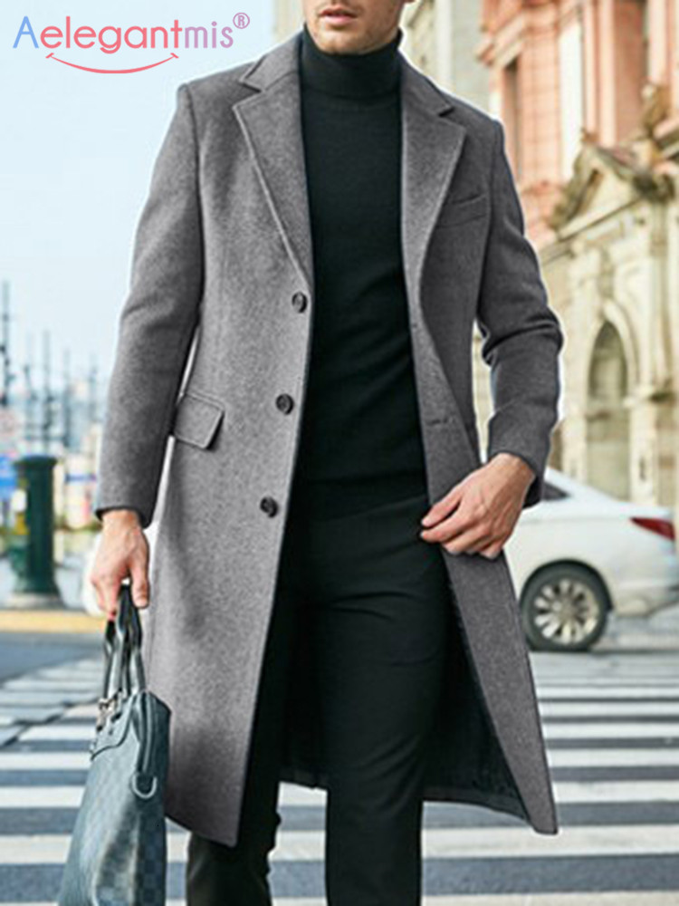 

Men's Wool Blends Aelegantmis Winter Woolen Coat Single Breasted Slim Fit Long Overcoat Solid Lapel Collar Autumn Streetwear Jackets 230225, Gray