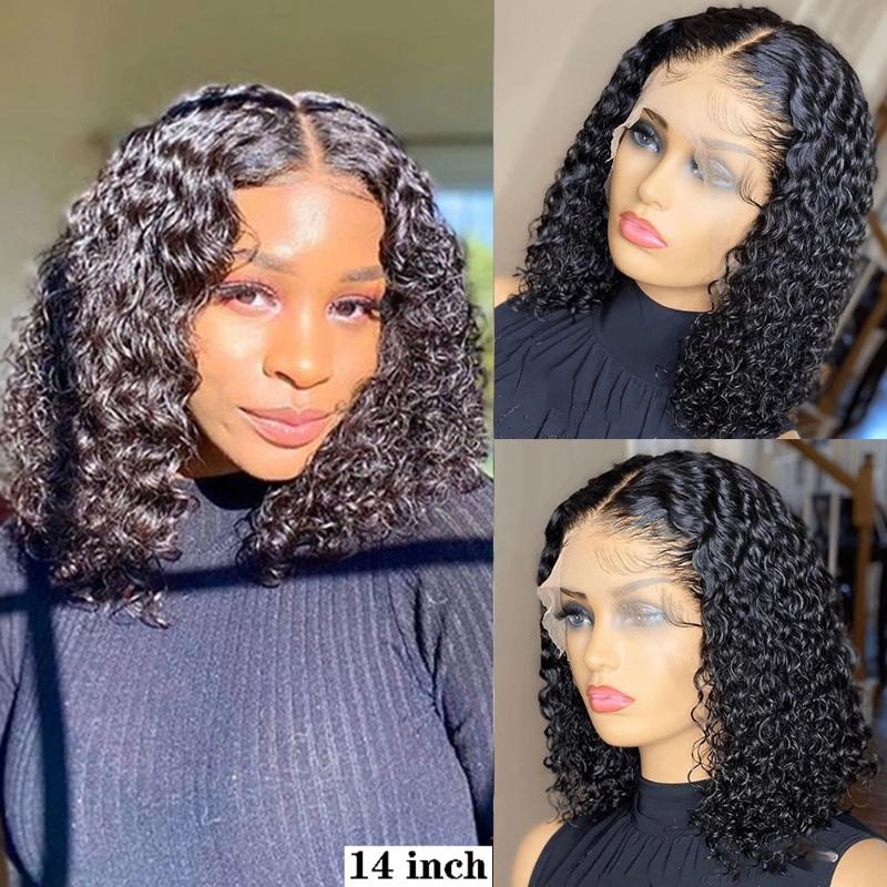 

Lace Wigs Curly Short Bob Front Human Hair Wig Pre Plucked For Black Women 13x1 T Part Glueless Deep Wave Remy, Picture shown