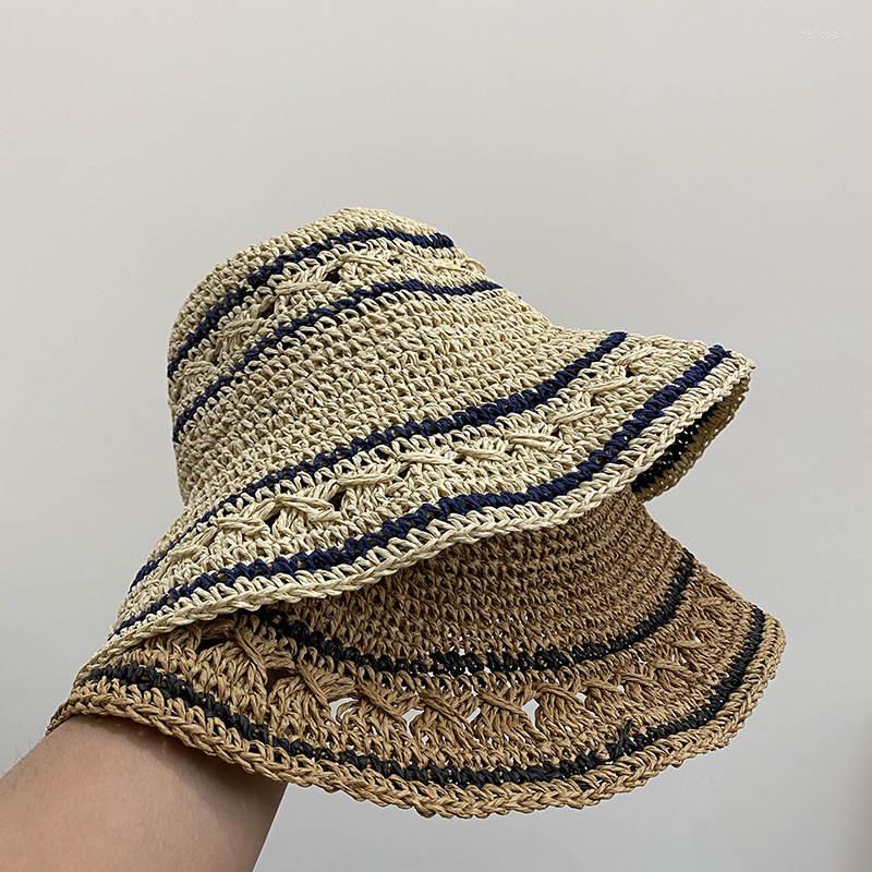 

Berets 2023 Summer Ladies Fashion Girls Floppy Wide Brim Straw Hat Hollow Woven Beach Travel Sun Cap Panama Fisherman's Femme, As the picture shows