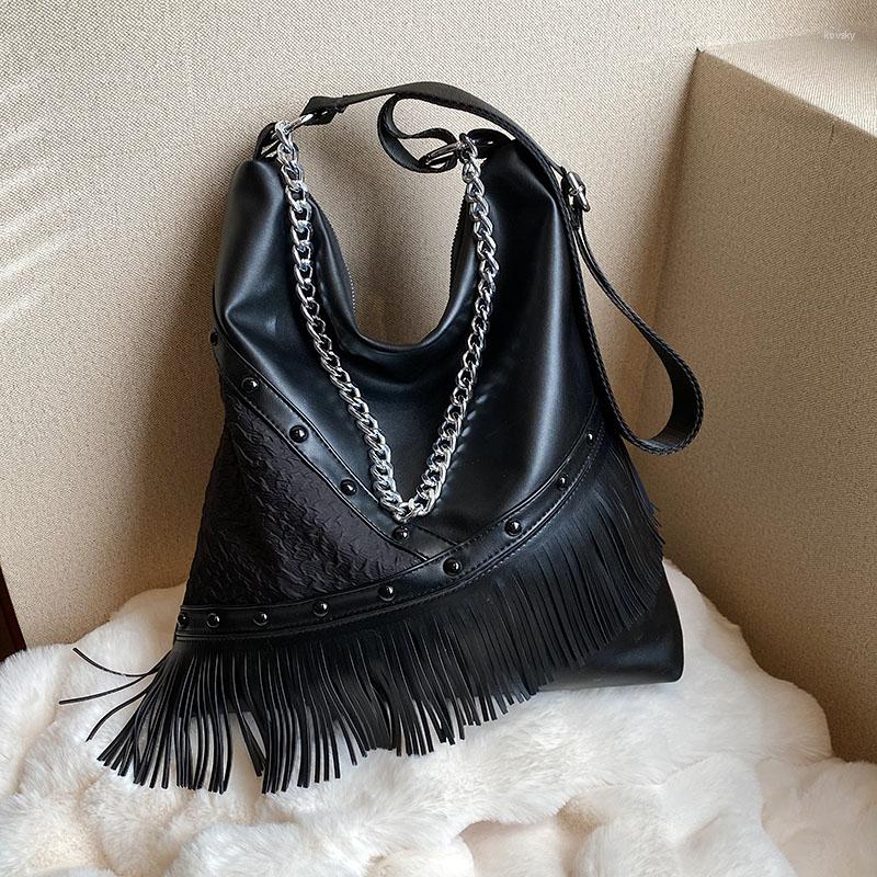 

Evening Bags Black Soft Leather Women Bag Fashion Tassel Handbag Shoulder For Designer Large Capacity Top Handle Tote Messenger, Black armpit bag