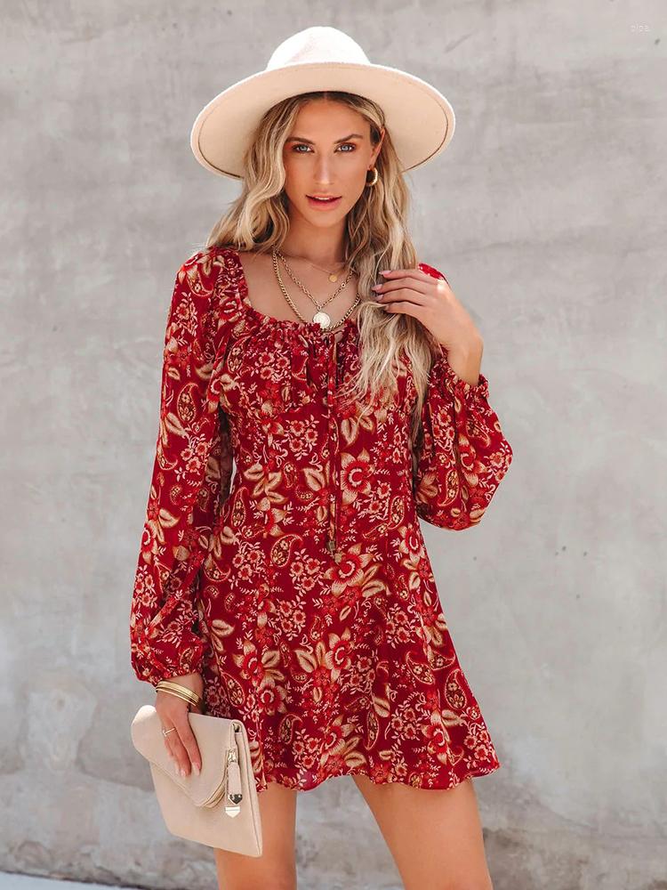 

Casual Dresses Jastie Autumn Floral Mini Women 2023 Boho Lantern Sleeve Lace Up Dress Fashion Beach Holiday Retro Printed, Red