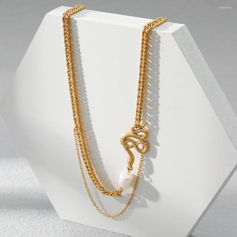 

Pendant Necklaces 18K Real Gold Plated Waterproof And Fade Natural Pearl Simple Fashion Stainless Steel Serpentine Ladies Necklace