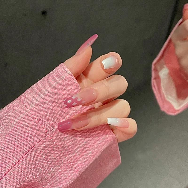 

False Nails Wearing Nail Decoration Checkerboard Fake For Professionals Acrylic Simple Pointed Art ItemFalse, Night crescent glue