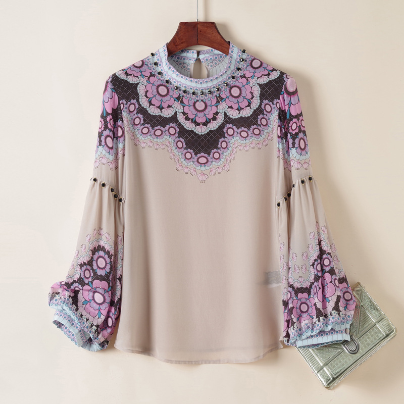 

2023 Spring Multicolor Paisley Print Silk Blouse Shirt Lantern Sleeve Round Neck Pullover Style Soie Top Shirts R3F217730, Multi