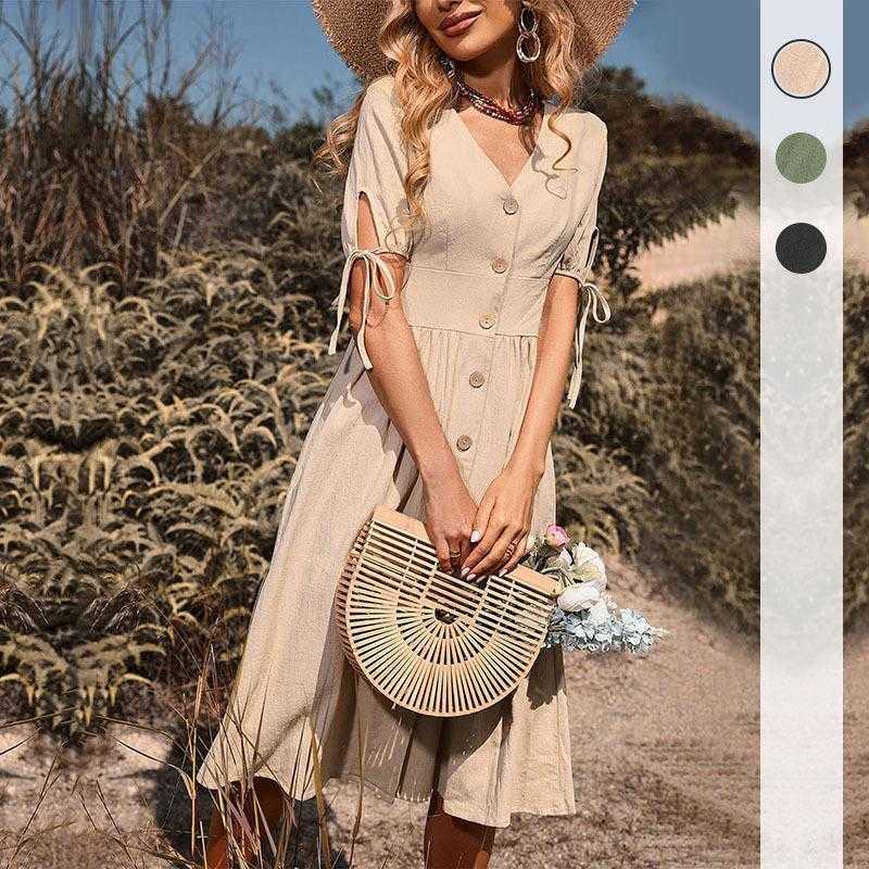 

Summer Womens Midi Dress Short Sleeve V Neck Solid Color Cotton And Linen, Color2