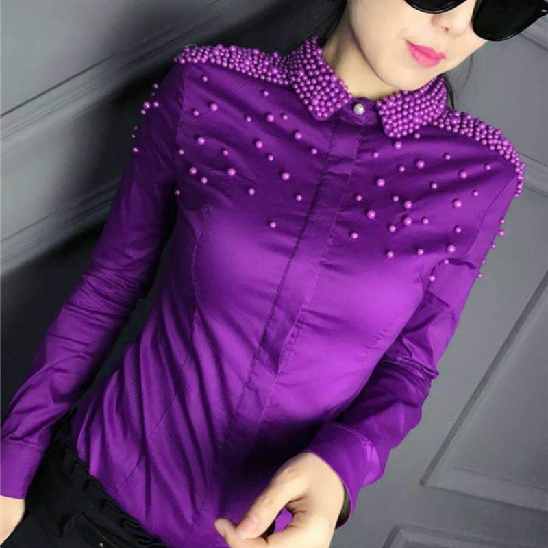 

Women's Blouses & Shirts Beading Blouse 2023 Autumn Women Vintage Pearl Lapel Solid Color Long Sleeve Tops Lady Work Wear Office Slim Female, Black