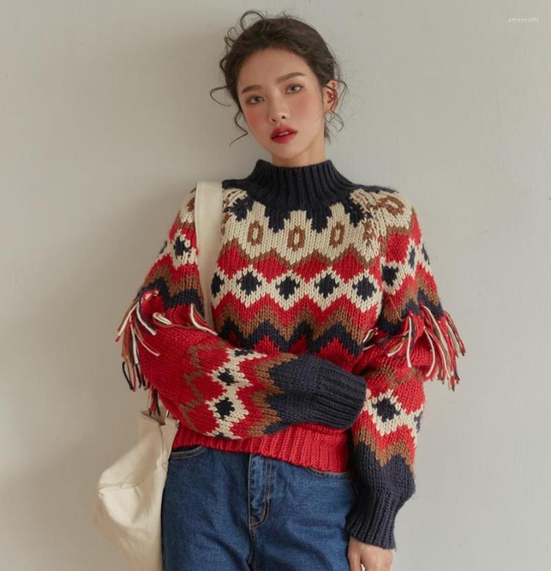 

Women's Sweaters Autumn And Winter Real Spot Christmas Year Red Chic Color Contrast Embellished Hand Tassel Pullover Sweater, As the picture