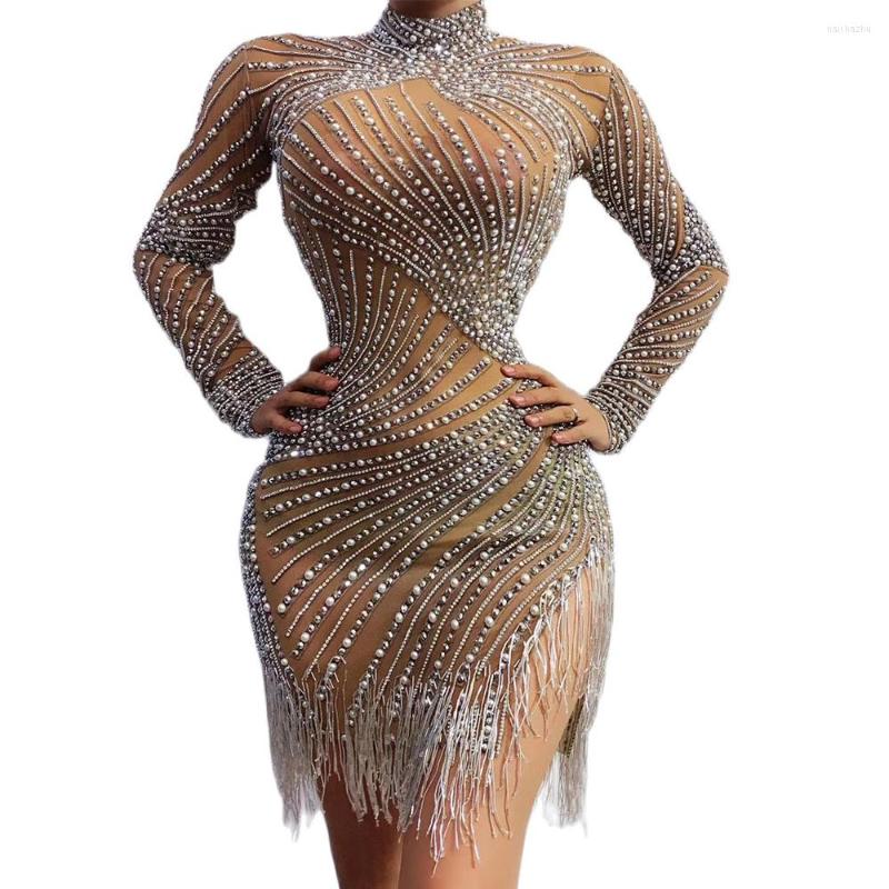 

Stage Wear Rhinestones Pearl Striped Decoration Fringe Dress Turtleneck Long Sleeve Asymmetrical Nightclub Dance Show Lady, Gold
