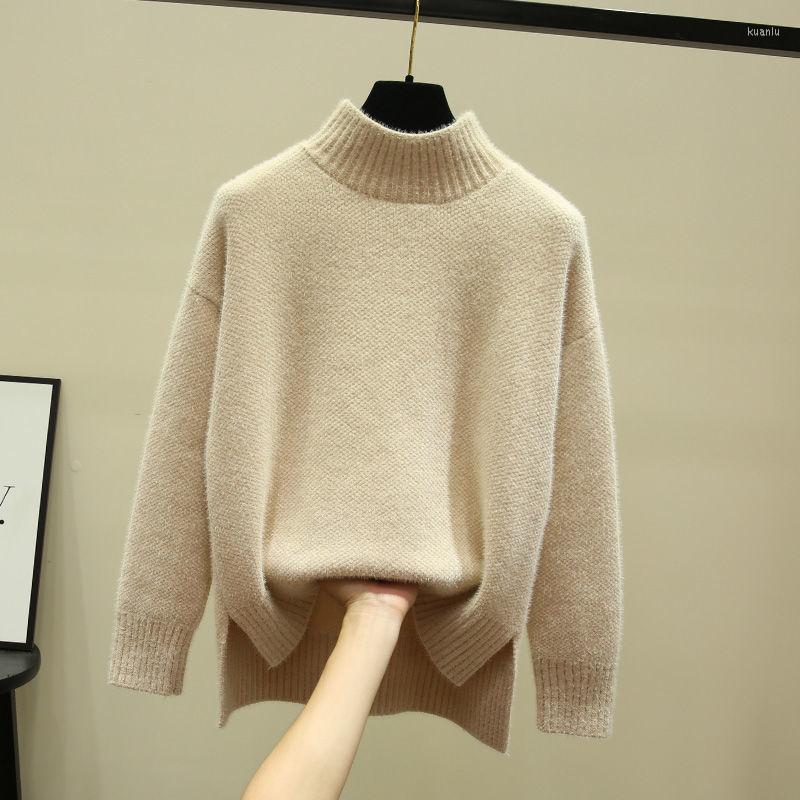 

Women' Sweaters Ermine Warm Thick Pullover For Women Winter Knitwear Vintage Loose Mock Neck Solid Full Sleeve Chic Split Knit Tops Female, Black