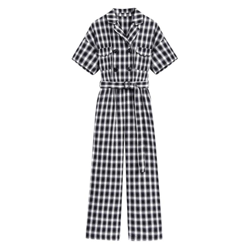 

Gym Clothing Short-sleeved Loose Casual Belt Plaid Jumpsuit Women Streetwear Harajuku Temperament Ladies Wide-leg, Black and white