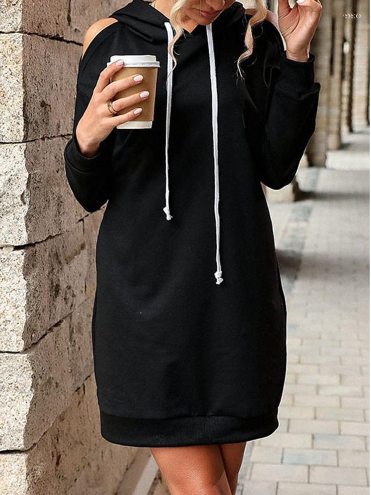 

Casual Dresses DGIRL Women Dress Hooded Off Shoulder Long Sleeve Solid Loose, Black