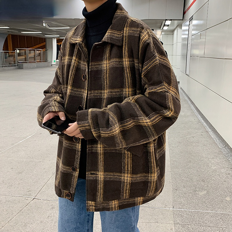 

Men's Wool Blends YASUGUOJI Winter Thickened Woolen Coat Korean Fashion Retro Plaid Fleece Jacket Sinlge Breasted Loose s Overcoats 230225, Dark brown