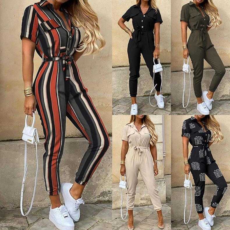 

Summer Jumpsuit Womens Clothing Casual Polo Collar Printed Belt Cargo Overalls, Black