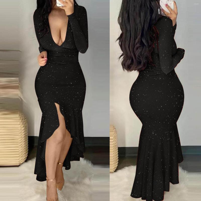 

Casual Dresses Sexy Glitter Long Sleeve Deep V-Neck Mermaid Dress For Women Party Club Ruffle Bodycon Maxi Cocktail Fall Winter Vestido, Black