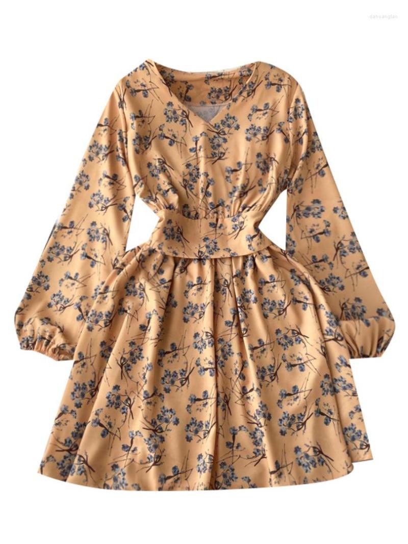 

Casual Dresses Foamlina Women Autumn Dress 2023 Vintage Floral Elegant V-neck Long Sleeve High Waist A-line Short Female, Black