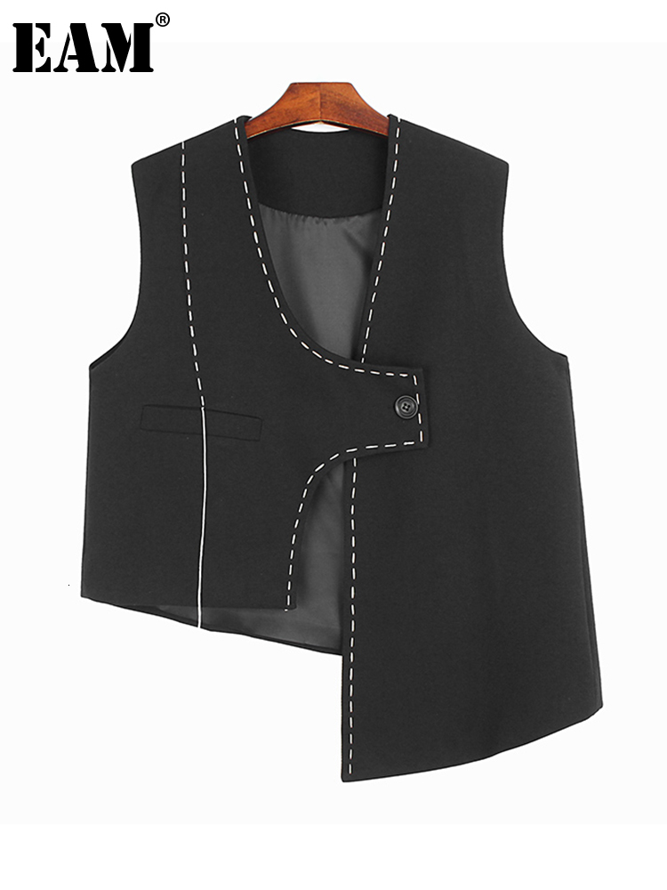 

Women s Vests EAM Women Loose Fit Black Topstitched Irregular Big Size Vest V collar Sleeveless Fashion Spring Autumn 2023 1D 022 230225