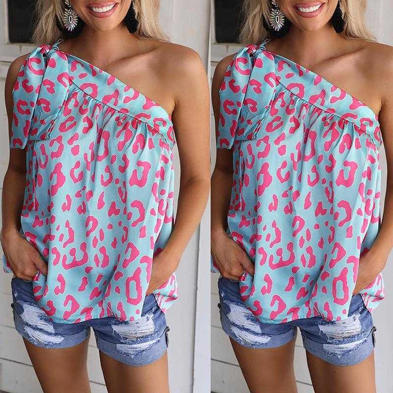 

Summer Womens Clothing Blouses Printed Sexy One Shoulder Cold Loose Casual Top, Green