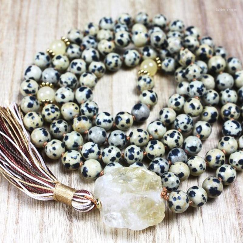 

Pendant Necklaces Spiritual Rough Stone Boho Jewelry Dalmatian 108 Mala Beads Collar Knotted Tassel Necklace Raw C-itrine Q-uartz