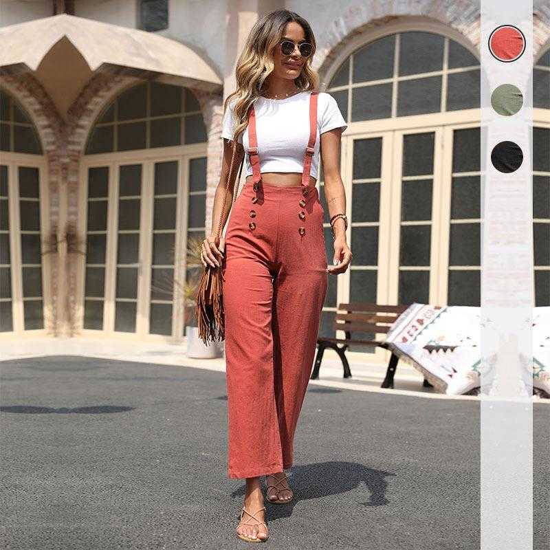 

Summer Casual Pant Womens Solid Color Loose Cotton Linen Straight Suspender, Color2