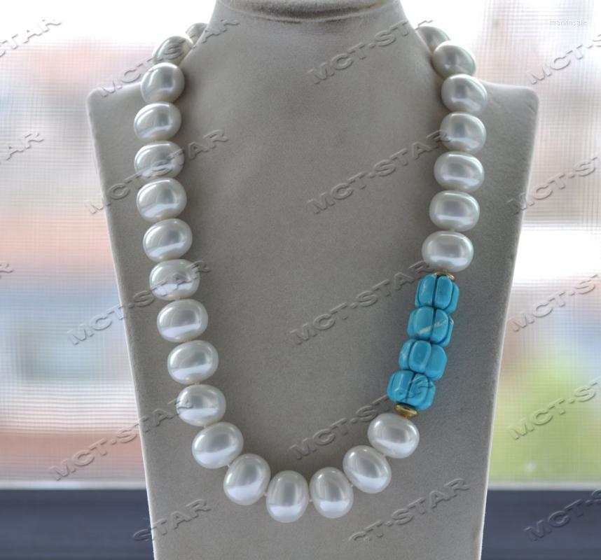 

Chains 21" 20mm Blue Pumpkin Turquoise White Egg Shell Pearl NecklaceChains