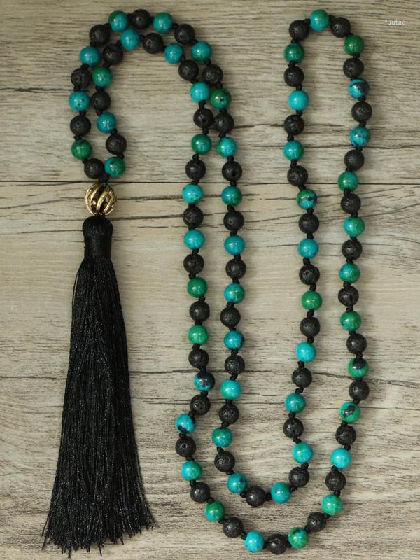 

Pendant Necklaces EDOTHALIA Trendy 6MM Chrysocolla & Lava Stone Bead Knotted Tassels For Men/Women Yoga Jewelry Bijoux