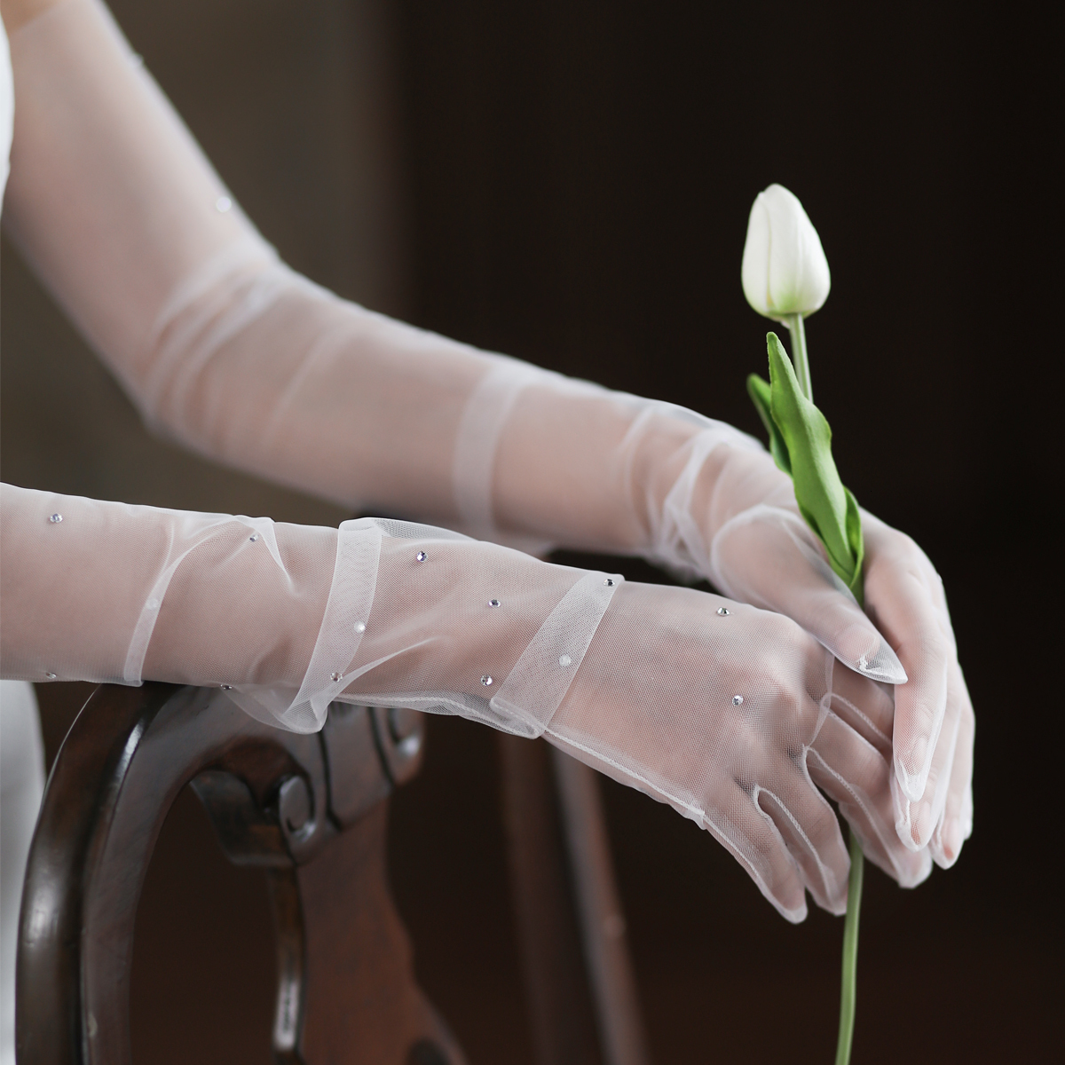 

Five Fingers Gloves WG055 Elegant Wedding Bridal Long White Finger Plain Sheer Tulle Crystal Beading Brides Bridesmaid Marriage Accessories 230225