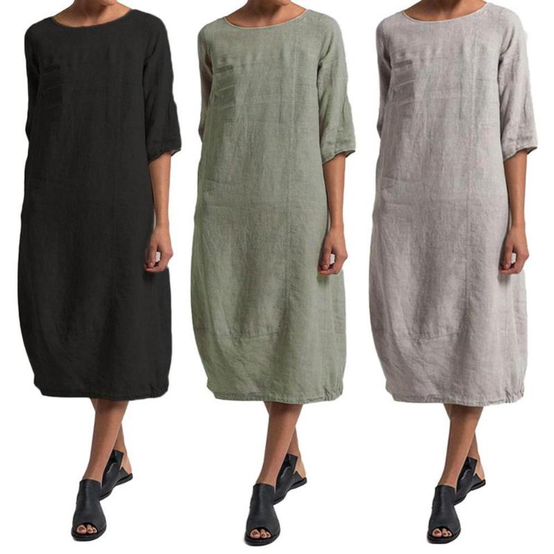 

Casual Dresses Vintage Summer Women Solid Color O Neck Half Sleeve Linen Soft Loose Midi Dress Woman 2023, Green