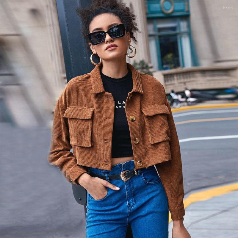 

Women's Jackets Corduroy Women Cropped Jacket Casual Turn-down Collar Brown Autumn Elegant Solid Button Streetwear Coats 2023, Auburn