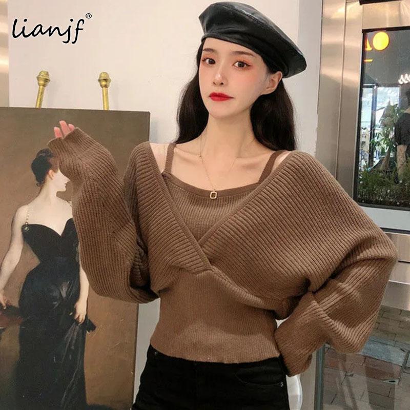 

Women's Sweaters Short Women Fake Two Pullover Knitwear Long Sleeve V-neck Sexy Strapless Knitted Tops Korean Pull Femme Clothing, White