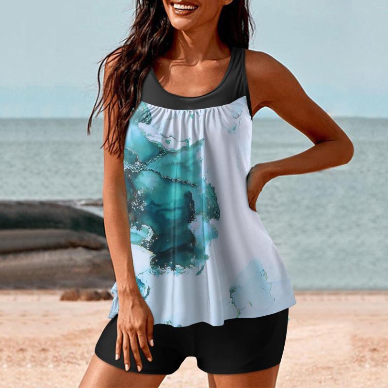 

Women's Swimwear Water Color Printed Two Piece Tankini Swimsuits For Women Mesh Tank Top With Boyshorts Plus Size Tummy Control Bathing, Green