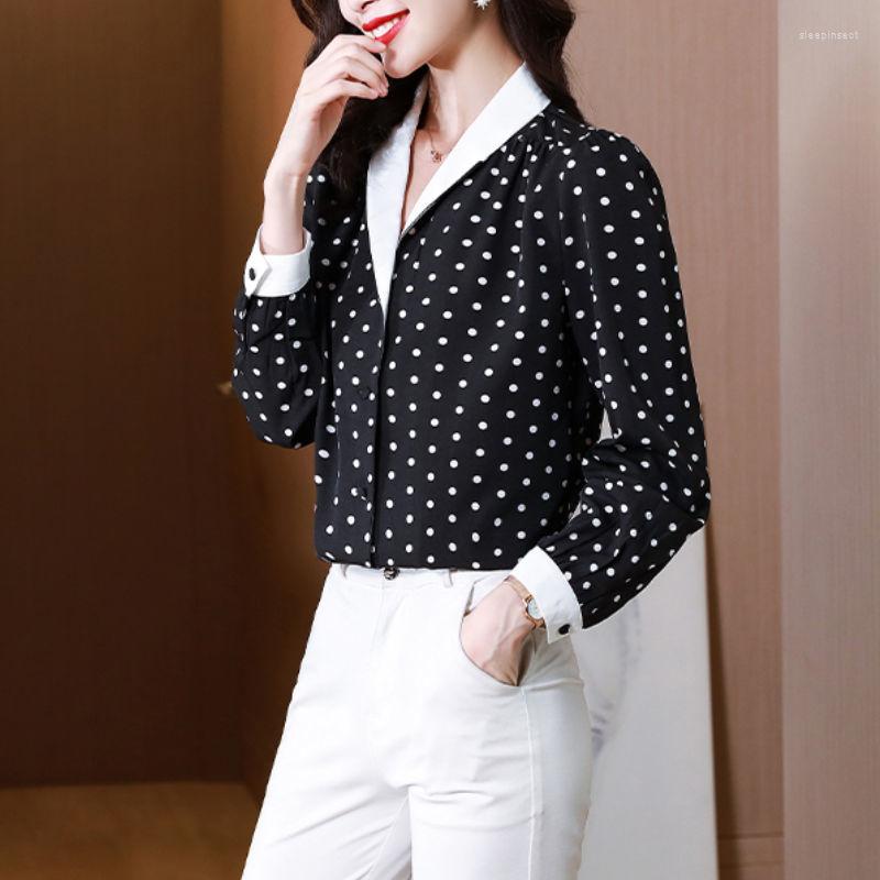 

Women's Blouses Chiffon Blouse Shirt Female 2023 Retro Spring And Autumn Women's Foreign Printed Superstructure Slim Dot Long Sleeves, Black