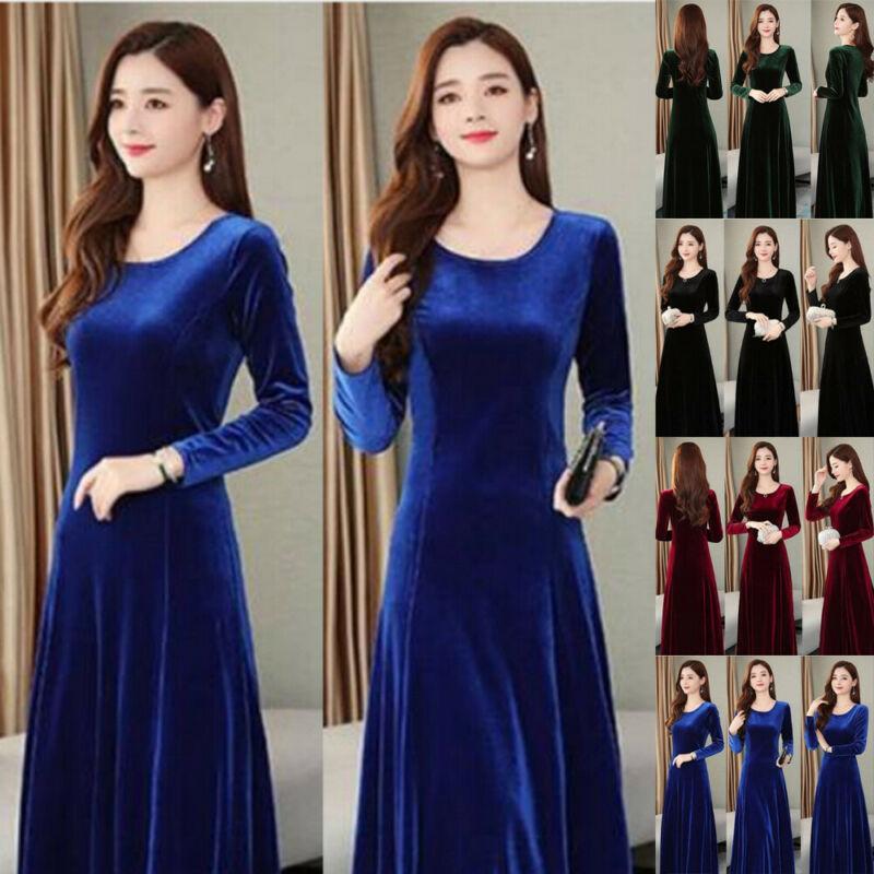

Casual Dresses Women Formal Velvet Winter Dress Long Sleeve A Line Ball Gown Party Slim Temperament Ladies Evening Over-The-Knee, Wine red