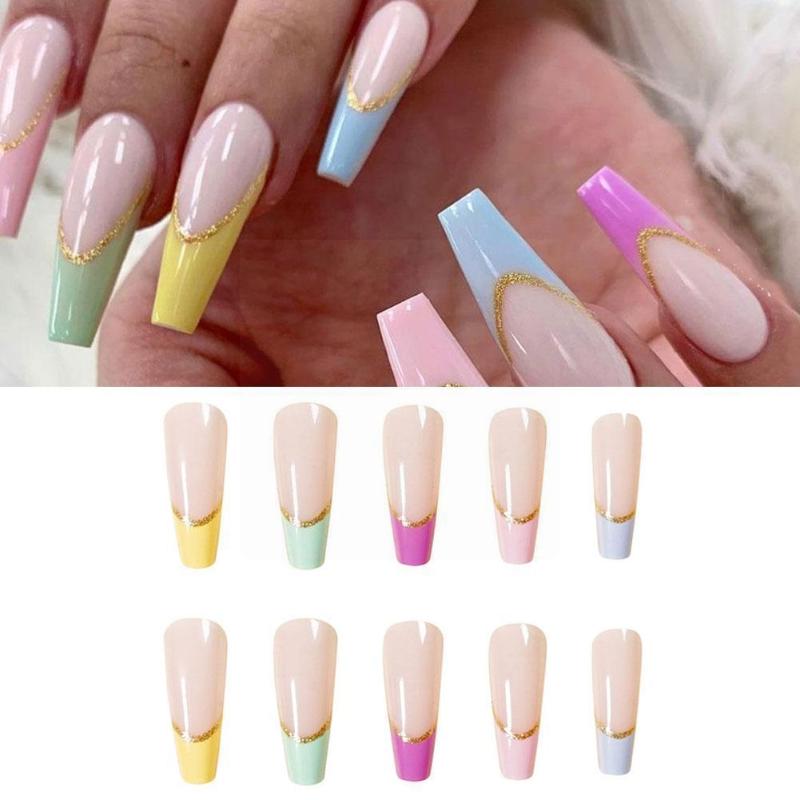 

False Nails 24 Fake Detachable Almond Pink And White Beautiful Tool Glue Set Style Wavy DIY Manicure Gentle Y4P9