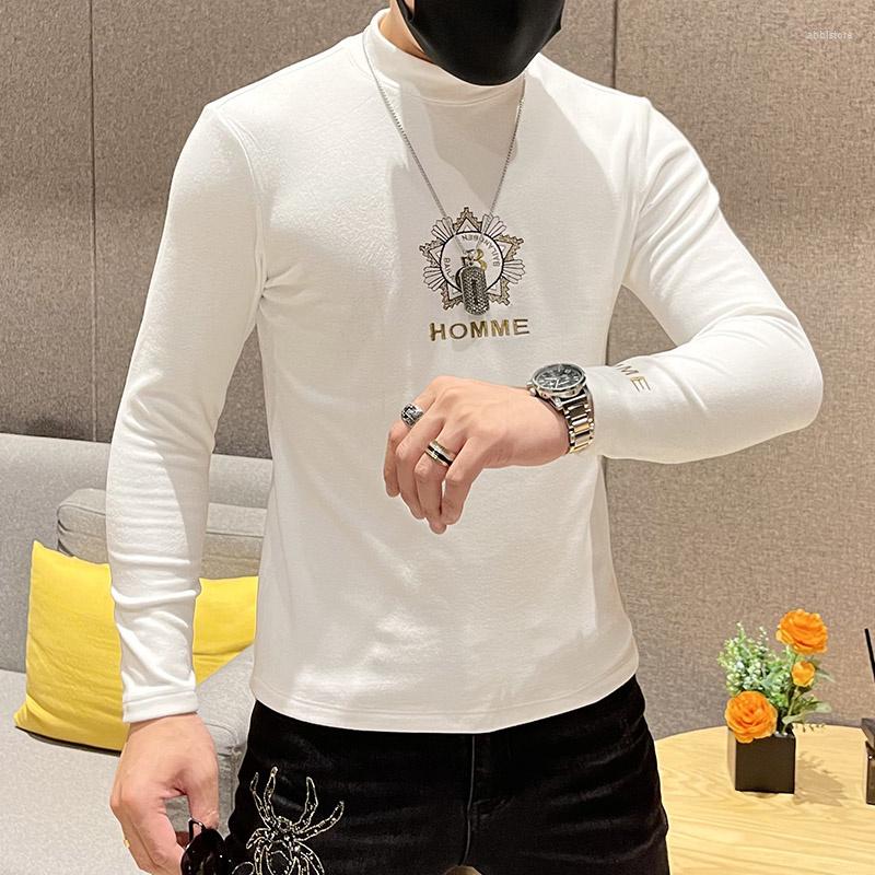 

Men's T Shirts 2023 Spring High Neck Embroidery T-shirt Fall Men Long-sleeved Pullover Casual Personality Pattern Comfortable Letter Tees, Brown