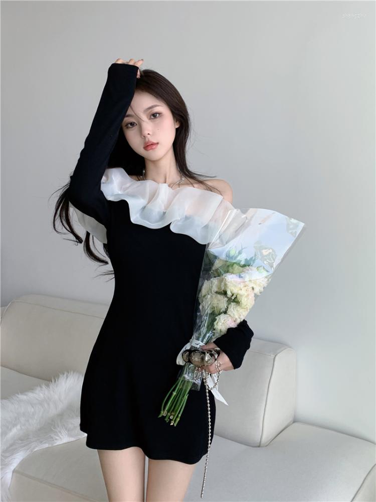 

Casual Dresses Vintage Mesh Splice Off Shoulder Dress Women Autumn Long Sleeves Black Birthday Sweet Girls High Waist Wrap Hip