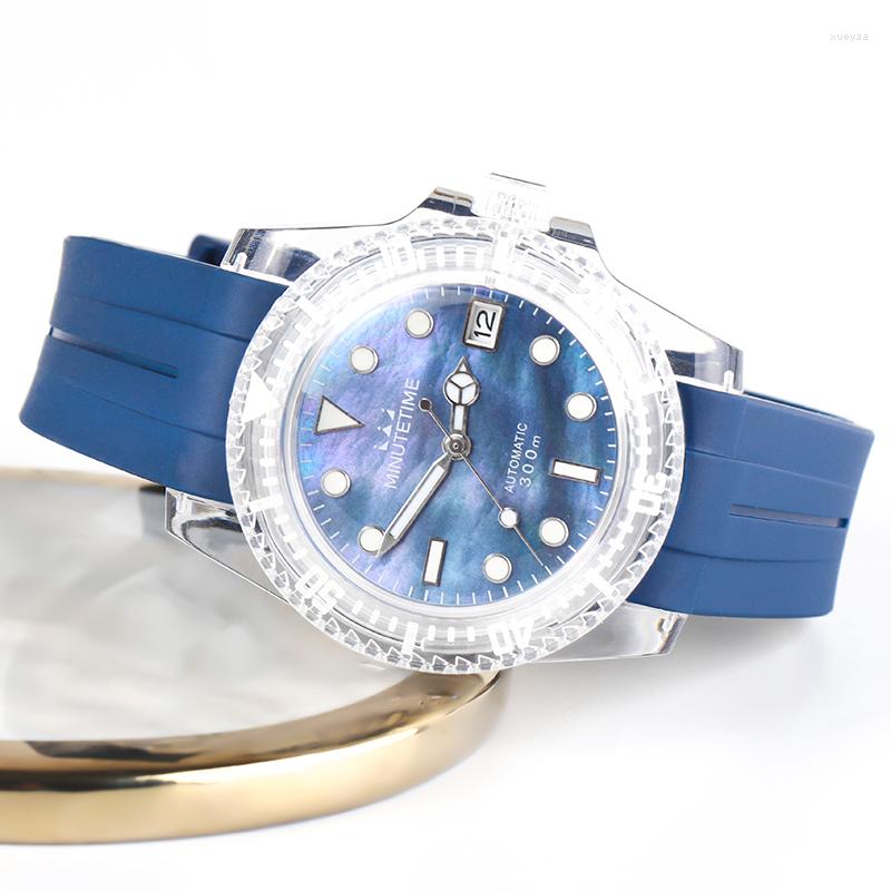 

Wristwatches MINUTETIME Transparent NH35 /NH36 Mechanical Luminous Waterproof Watch Men Casual Fashion Mens Watches Male Clock, Blue