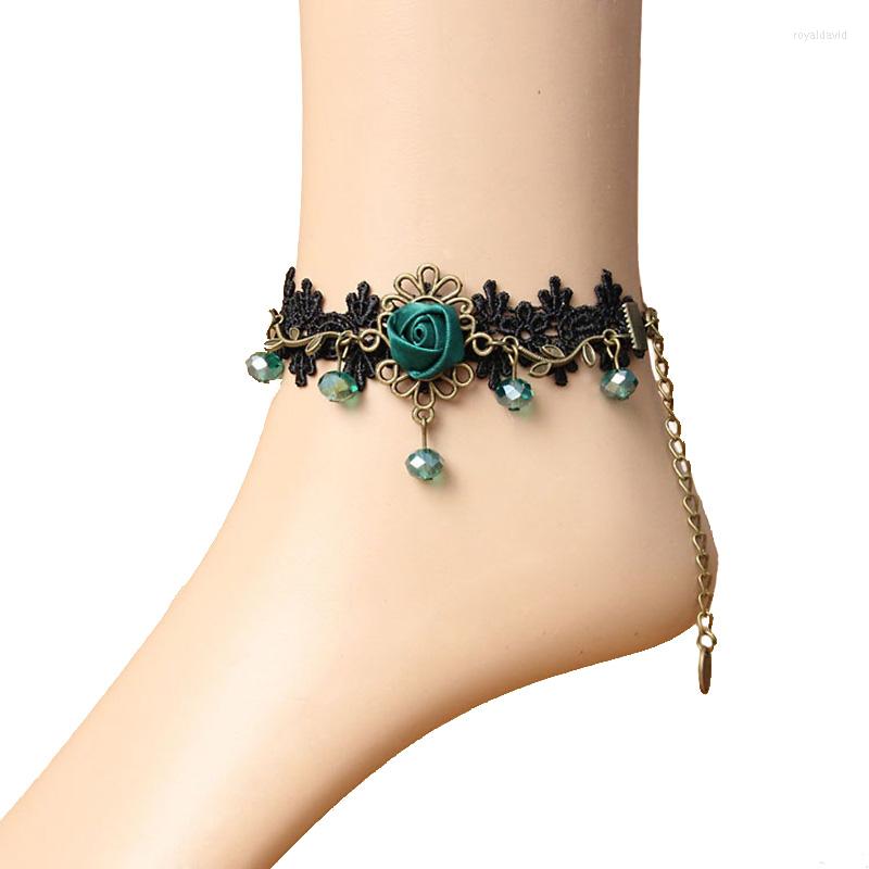 

Anklets Anklet For Womens Gothic Alloy Crystal Green Rose Flower Black Lace Ankle Bracelet Barefoot Sandals Vintage Retro Foot Jewelry