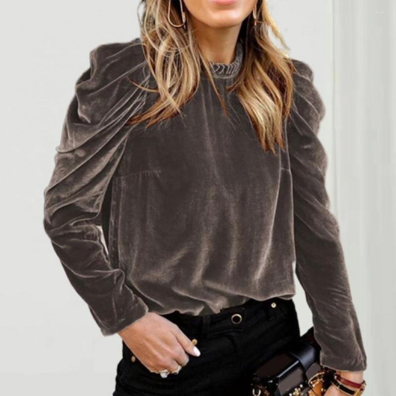 

Women' Blouses Half High Collar Ruffle Design Women Blouse Pleated Shoulder Puff Long Sleeves Velvet Winter Solid Color Pullover Top, Green