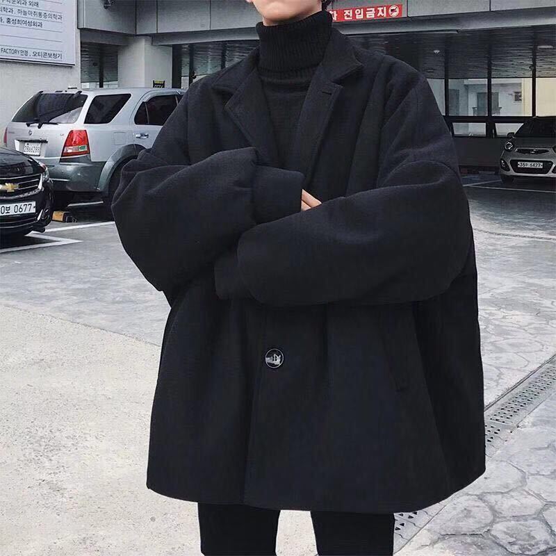 

Men' Wool Blends Autumn Winter Woolen Coat Jacket SuitCollar Button Youth Students Loose Thick Cotton MidLong Windbreaker Trench 230225, Black