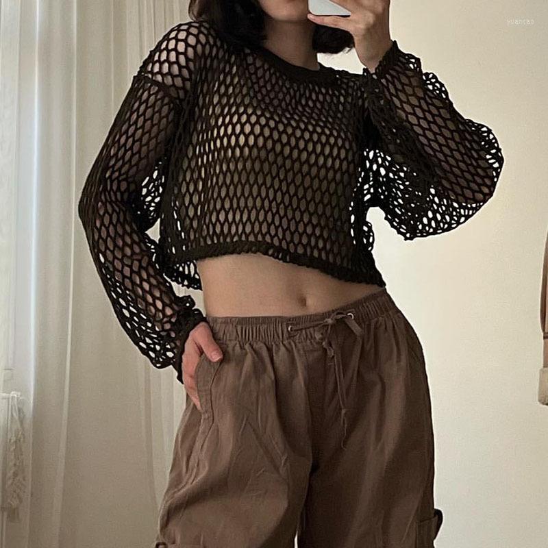 

Women's T Shirts Spring And Summer 2023 Spice Girl Wind Mesh Hole Perspective Short T-shirt Versatile Casual Women's Wear, Brown