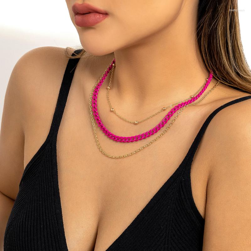 

Chains Sweet Cool Girl Colorful Metal Chain Round Bead Necklace Punk Simple Three Layers Stacked Jewelry Gift
