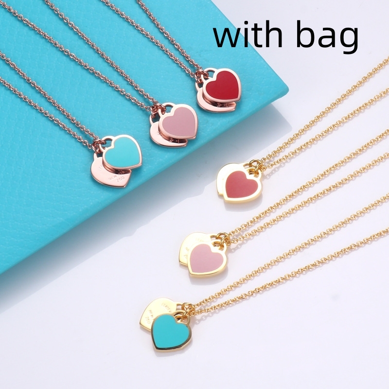 

925 sterling silver Double Heart Necklaces couple pendant blue pink green red Enamle Heats Necklace With Gold and rose gold Designer Tiff Jewelry Gift with bag