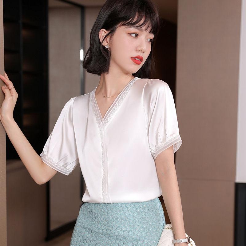 

Women' Blouses & Shirts 2023 Summer Women Casual Short Sleeve V-Neck Lace Slim Chiffon Fashion Elegant Office Lady Tops Clothing, Pink