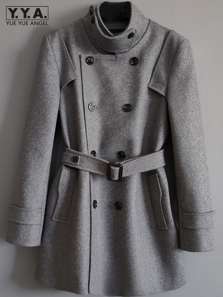 

Men' Wool Blends Plus Size 6XL Men Autum Winter Stand Collar Double Breasted en Coat Long Windbreaker Belt Military Style Trench 230225, Grey