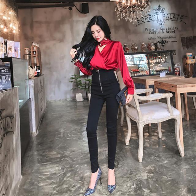 

Women' Two Piece Pants Women 2023 Spring Fashion Sets Female Sexy V-neck Long-sleeved Shirt Ladies High Waist Slim Pencil Suits E352, Jiuhong