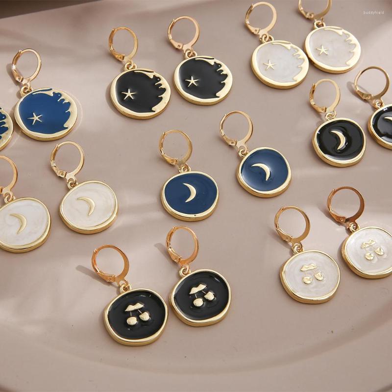 

Dangle Earrings Vintage Zinc Alloy Charm Moon And Star Drop For Women Fashion Enamel Round Jewelry Mother's Day Gift