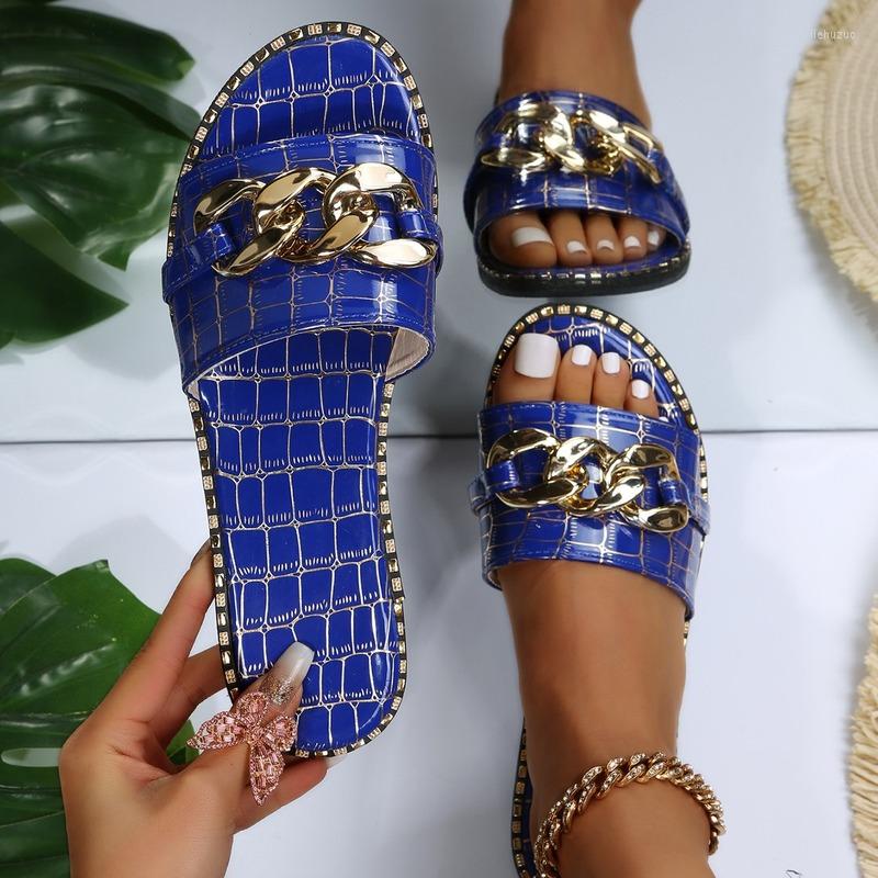 

Slippers 2023 Fashion Sexy Chain Lock Solid Color Plus Size Summer Style Roman Flat Outdoor Female Women Sandals, White