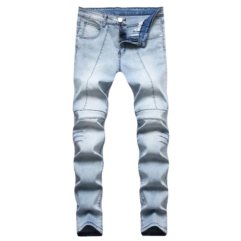 

Men's Jeans Autumn Trend Men For Skinny Light Blue Streetwear Skateboard Motorcycle Folds Slim Stretch Male Denim Pants