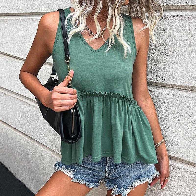

Summer Casual Top Camis V Neck Stitching Doll Shirt Sleeveless Vest T For Women, Green