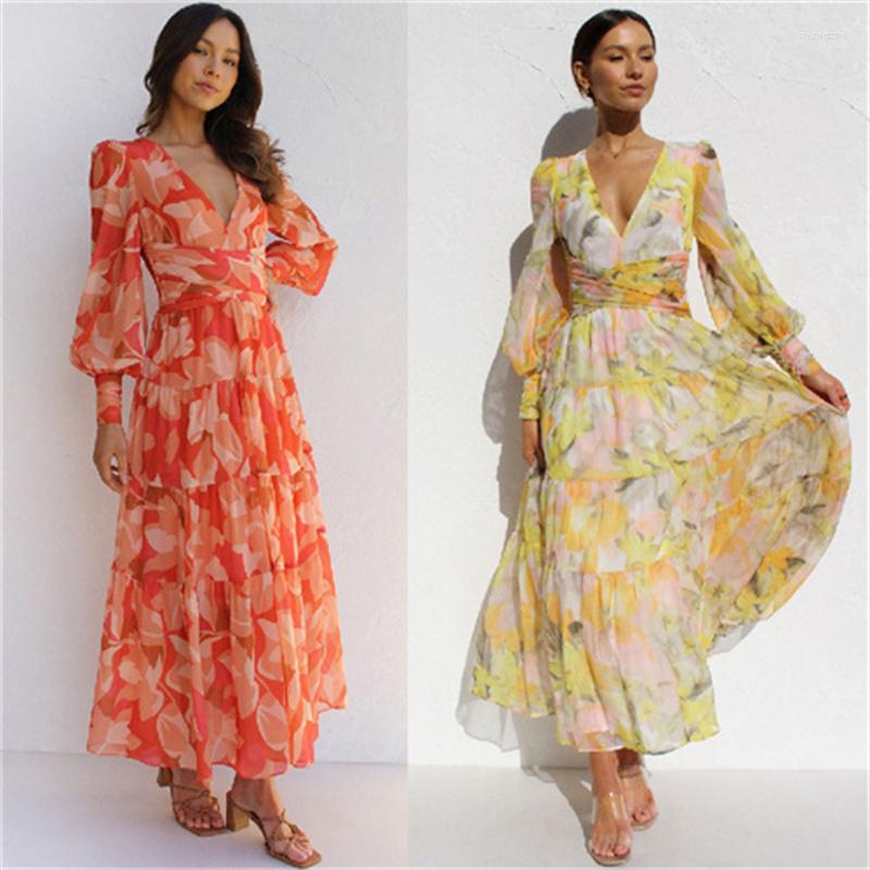 

Casual Dresses Ladies Autumn Printed Lantern Sleeve V-Neck Retro Waist Draped Feeling Dress Pastoral Gorgeous Elegant, Orange